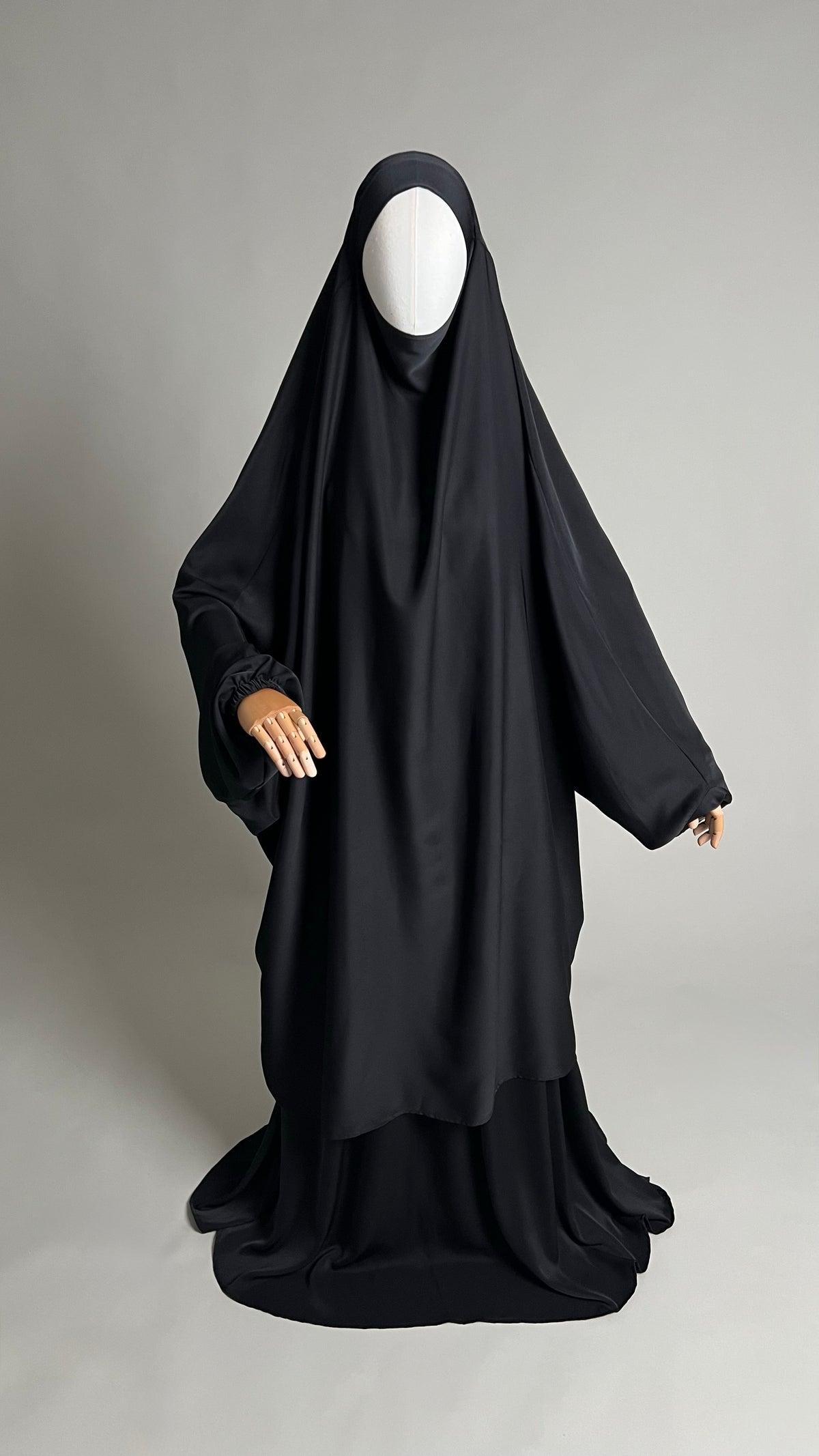 Black Sumayyah Two-Piece Jilbab, front view showing the long khimar and matching skirt