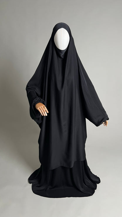Black Sumayyah Two-Piece Jilbab, front view showing the long khimar and matching skirt
