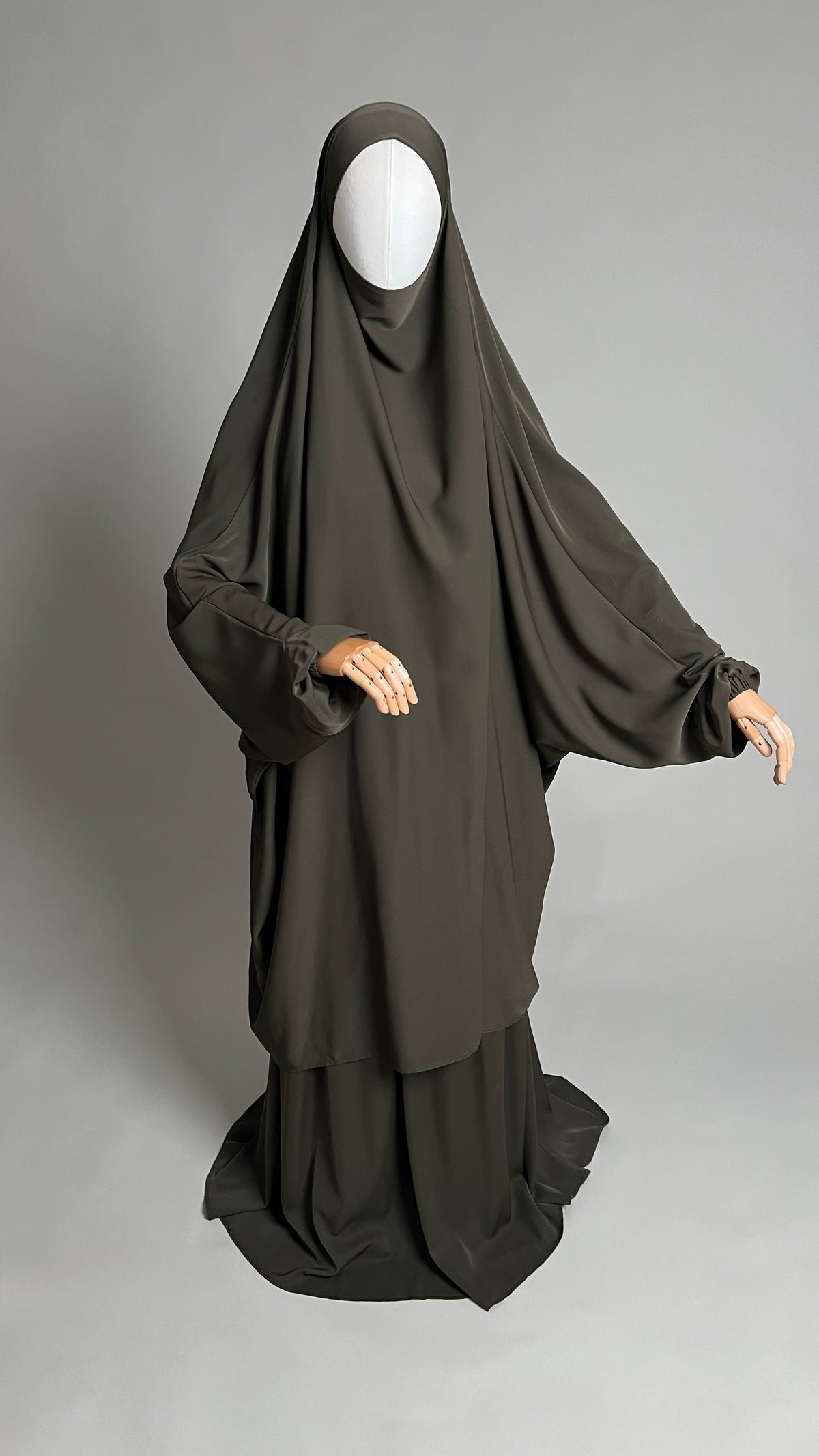 Army green Sumayyah Two-Piece Jilbab, front view showing the long khimar and matching skirt