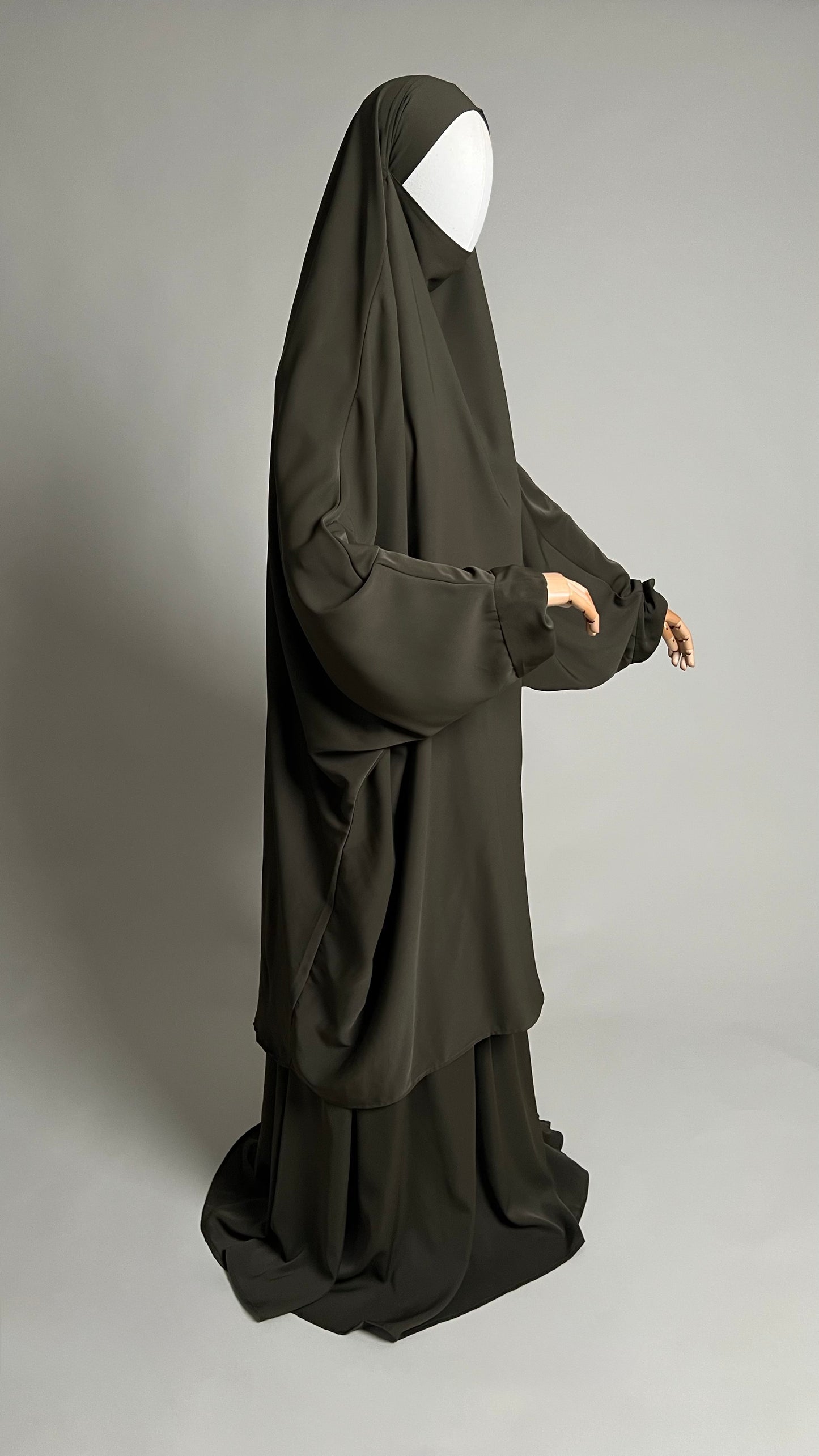 Army green Sumayyah Two-Piece Jilbab, three-quarter view showing the long khimar and matching skirt