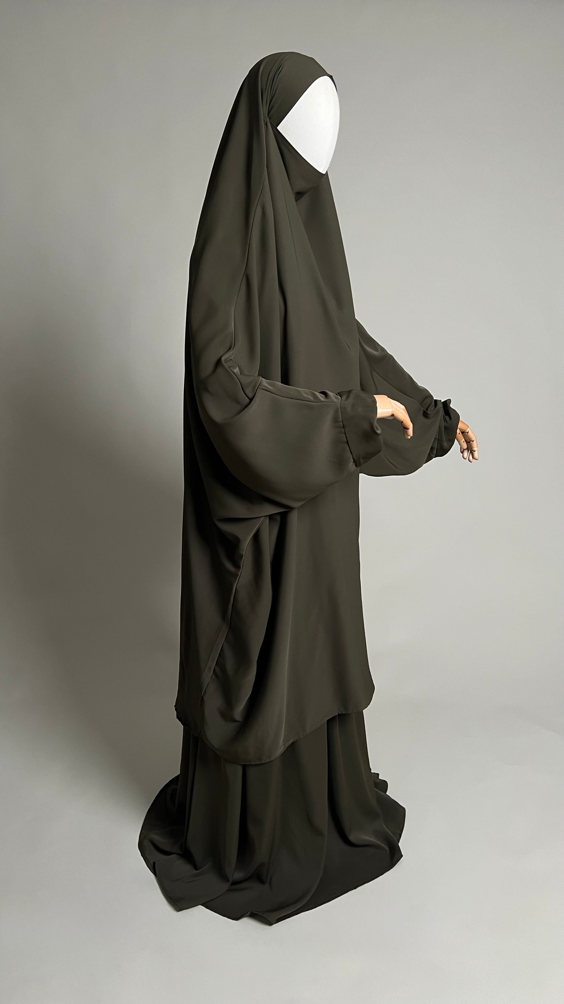 Army green Sumayyah Two-Piece Jilbab, three-quarter view showing the long khimar and matching skirt