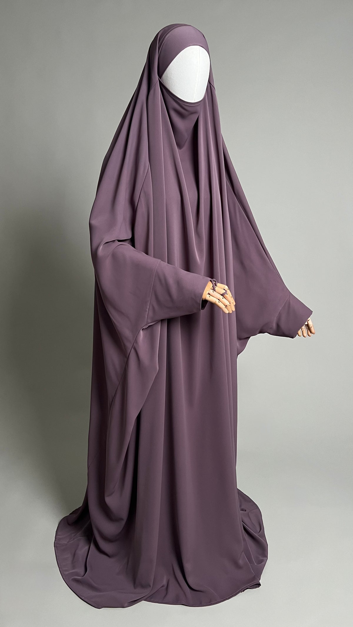 Purple Ash Zaynab One-Piece Jilbab, full-length front view with one arm extended
