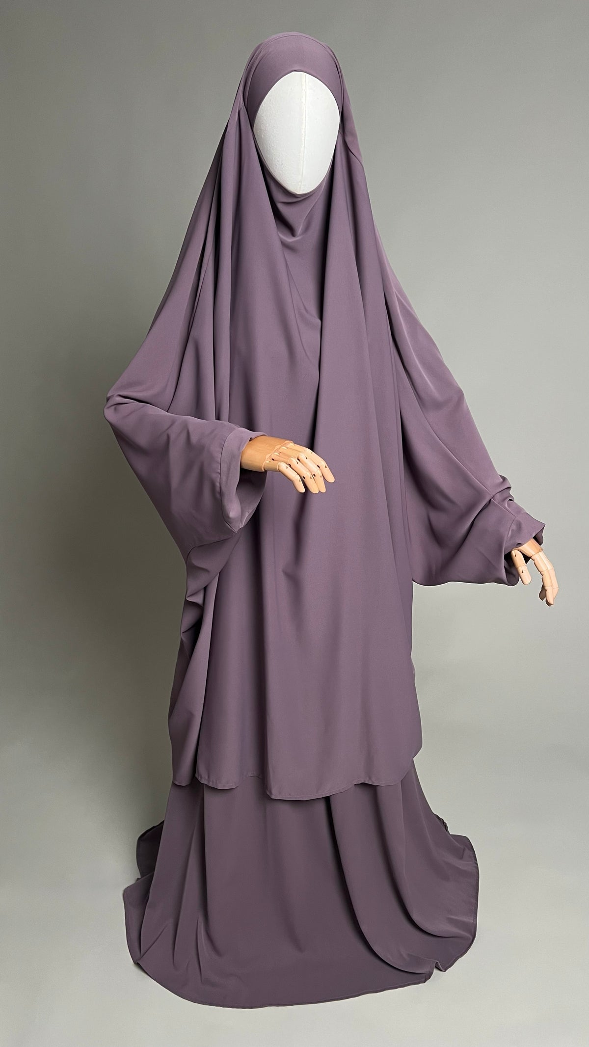 Taro Sumayyah Two-Piece Jilbab, front view showing the long khimar and matching skirt