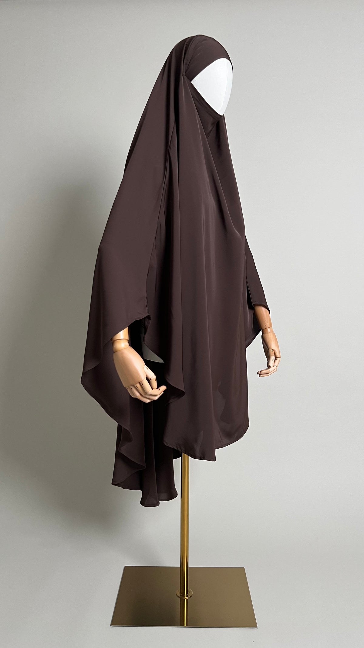 Brown Sheimaa Rounded Khimar in Korean Nida, three-quarter side view