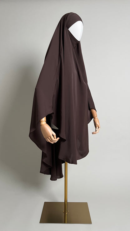 Brown Sheimaa Rounded Khimar in Korean Nida, three-quarter side view