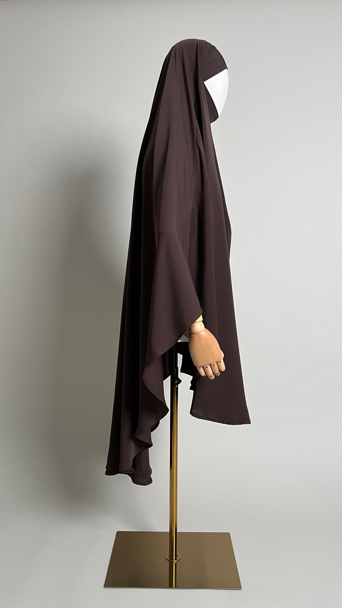 Brown Sheimaa Rounded Khimar in Korean Nida, side profile view showing the length