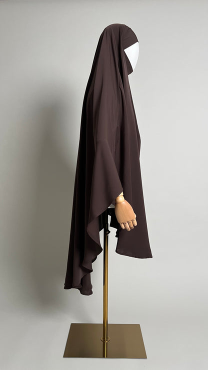 Brown Sheimaa Rounded Khimar in Korean Nida, side profile view showing the length