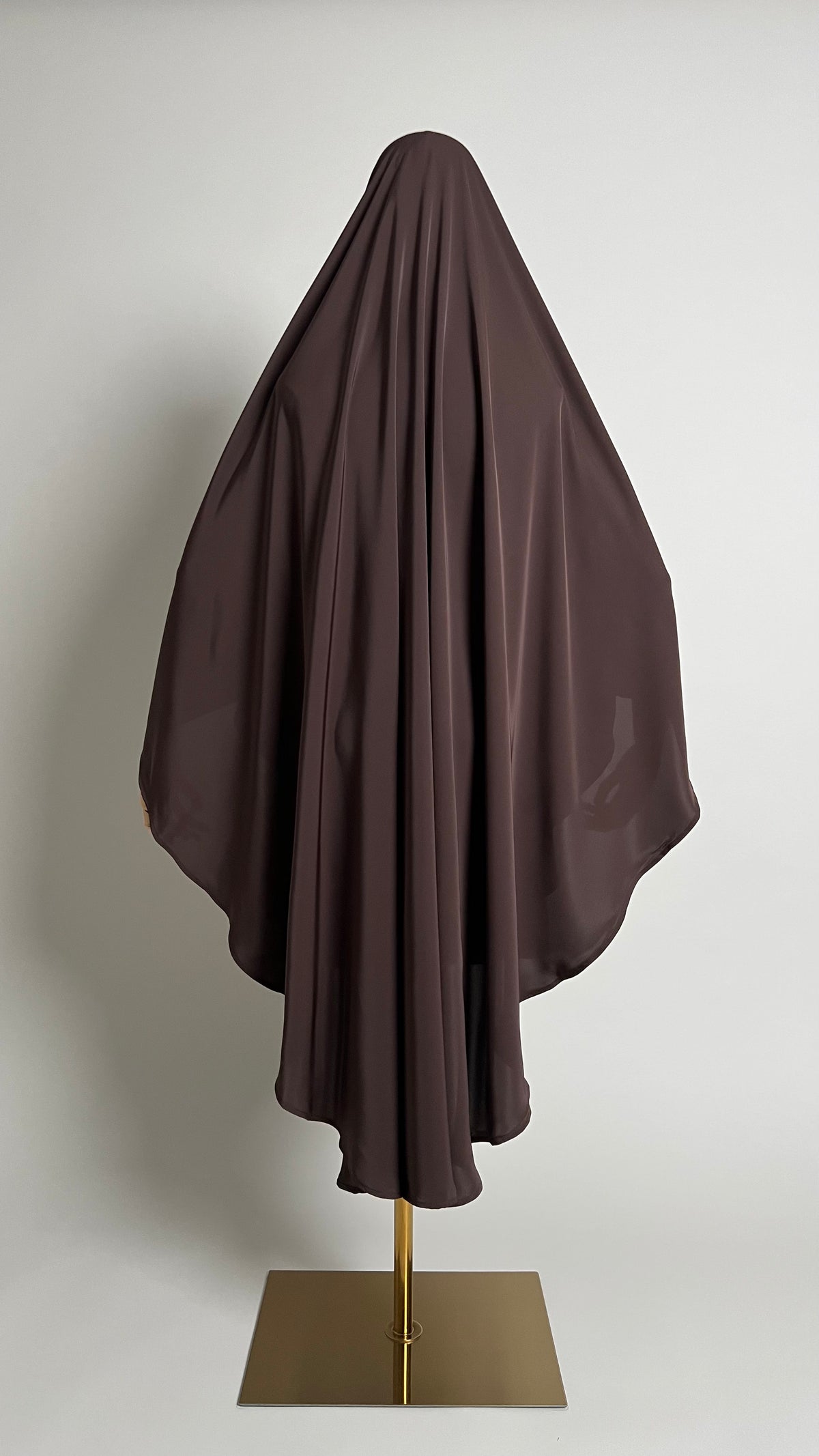 Brown Sheimaa Rounded Khimar in Korean Nida, back view showing the rounded cut
