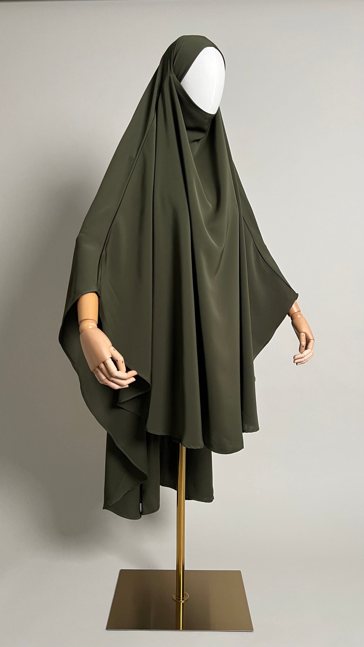Olive green Sheimaa Rounded Khimar in Korean Nida, three-quarter side view
