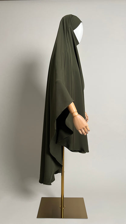 Olive green Sheimaa Rounded Khimar in Korean Nida, side profile view showing the length