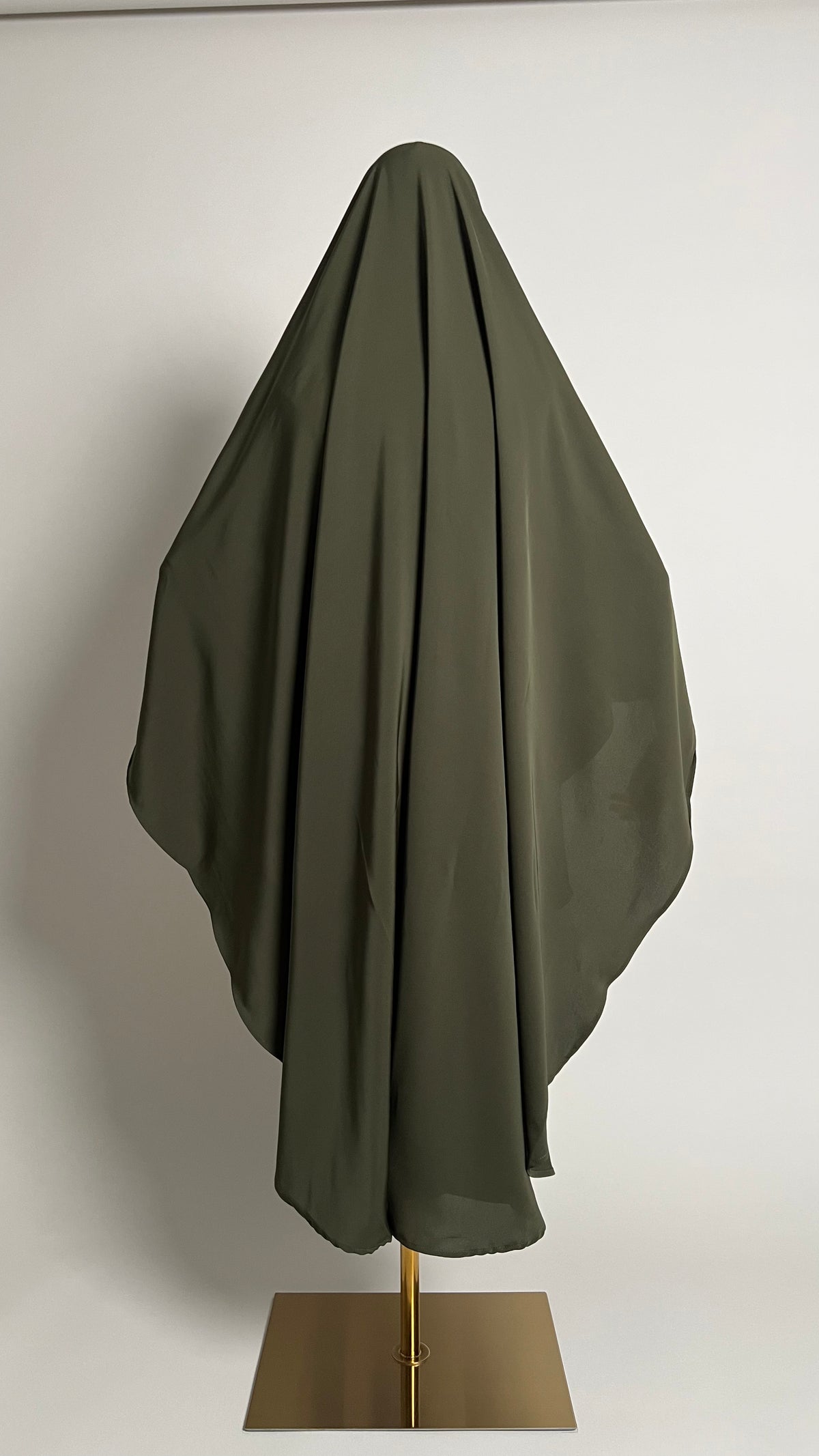 Olive green Sheimaa Rounded Khimar in Korean Nida, back view showing the rounded cut