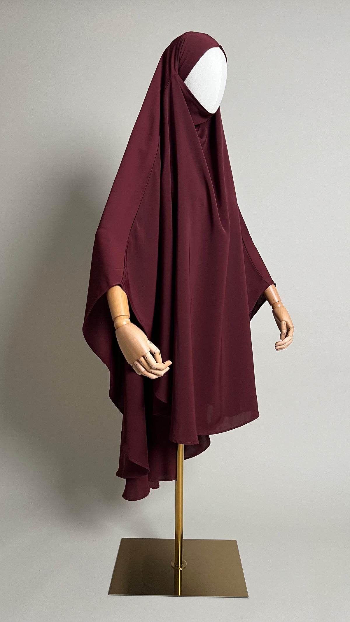 Burgundy Sheimaa Rounded Khimar in Korean Nida, three-quarter side view