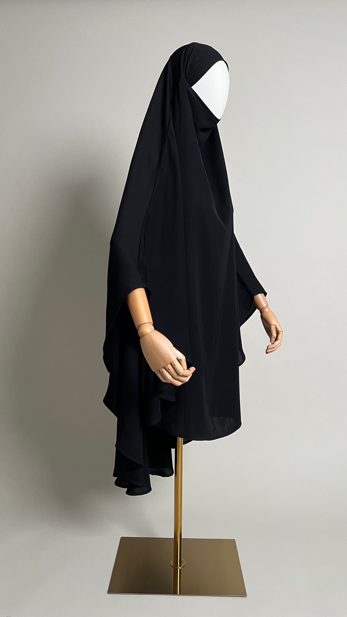 Black Sheimaa Rounded Khimar in Korean Nida, three-quarter side view