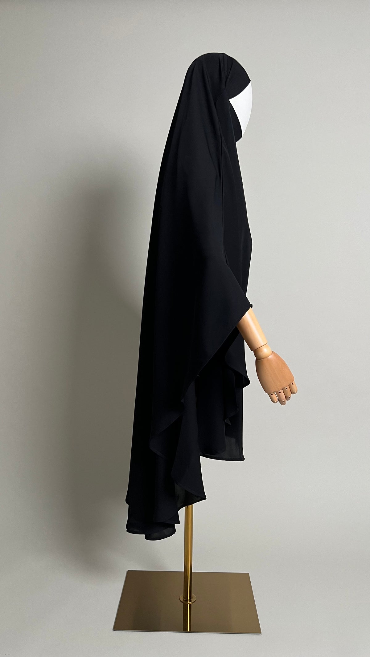 Black Sheimaa Rounded Khimar in Korean Nida, side profile view showing the length