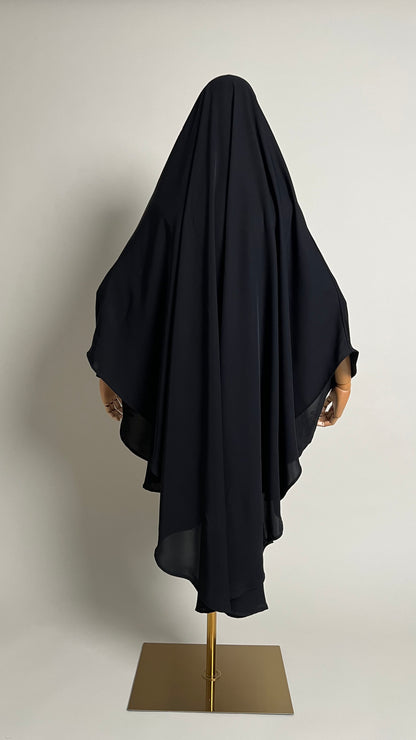 Black Sheimaa Rounded Khimar in Korean Nida, back view showing the rounded cut