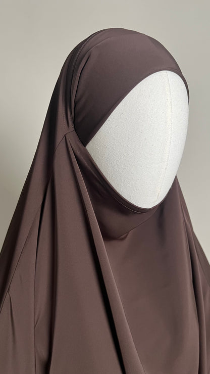 Close-up of the brown Sheimaa Rounded Khimar around the face and chin