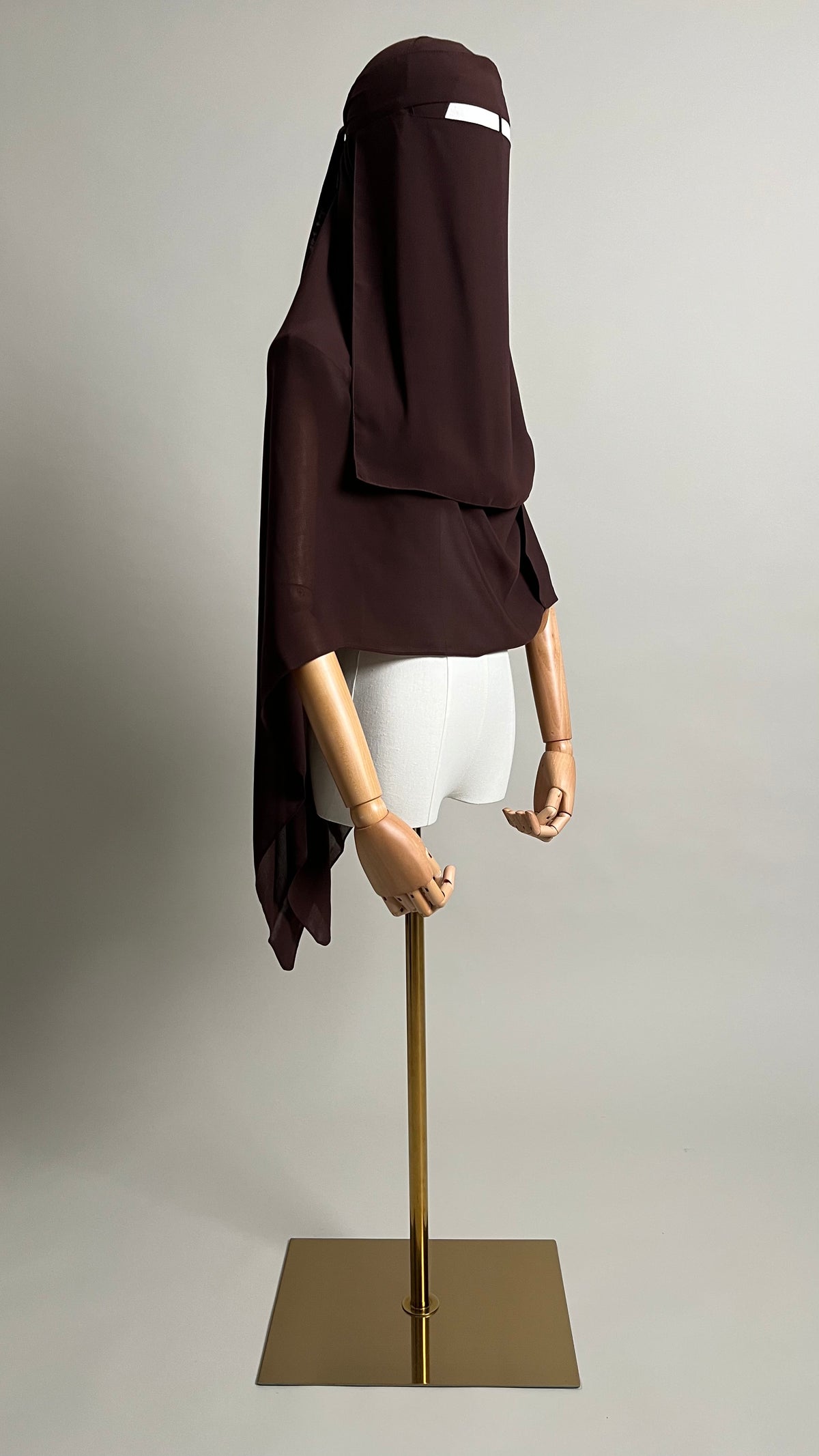 Brown Hana Nose String Niqab Set, side view showing the niqab length and hijab