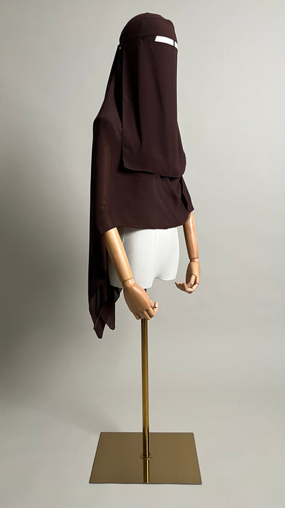 Brown Hana Nose String Niqab Set, side view showing the niqab length and hijab