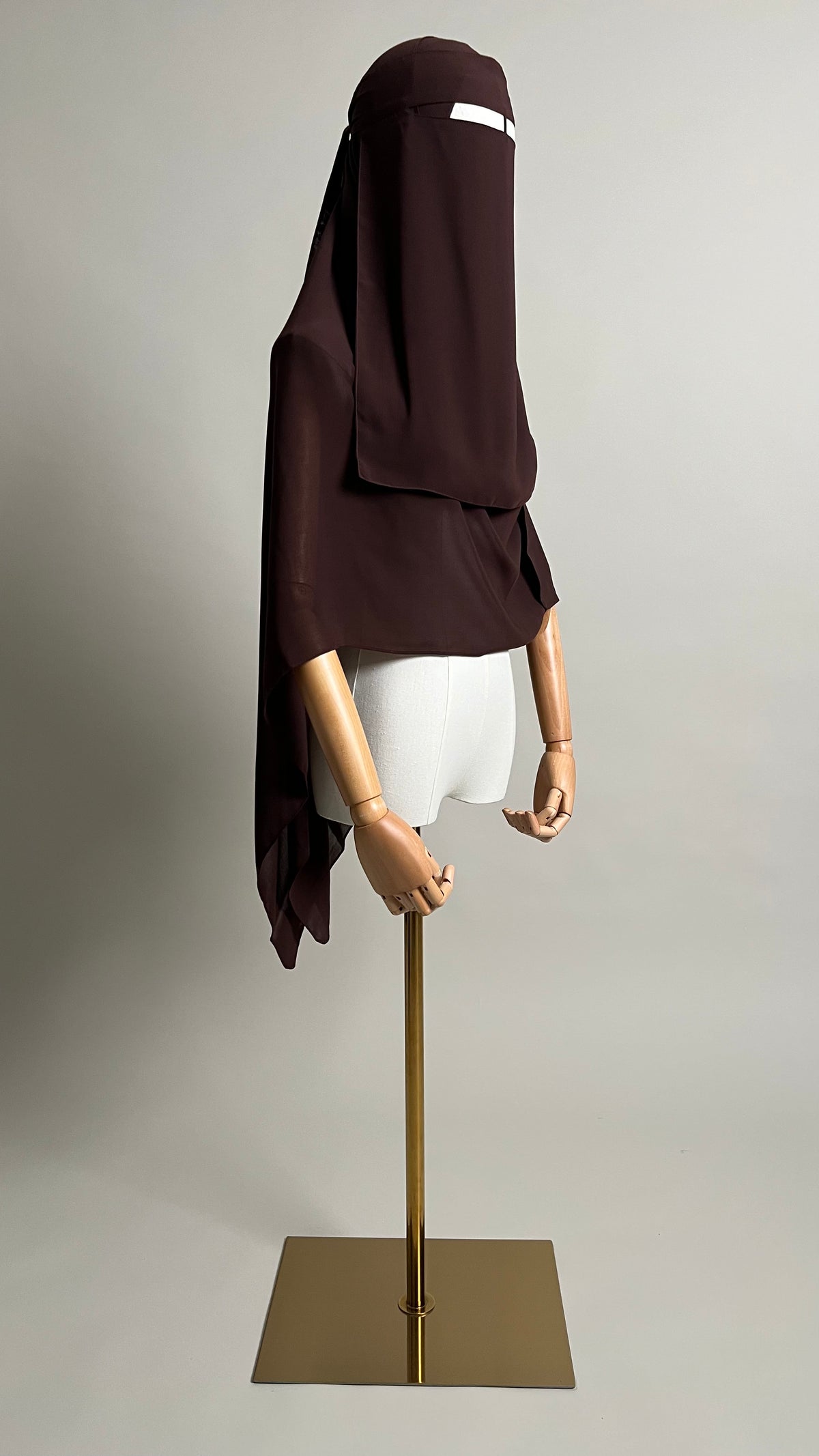 Brown Hana Nose String Niqab Set, three-quarter view showing the hijab drape