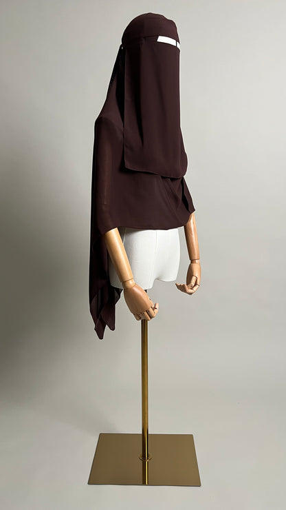 Brown Hana Nose String Niqab Set, three-quarter view showing the hijab drape