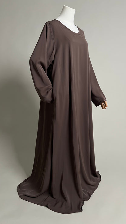 Coffee Safiyyah Closed Abaya, full-length three-quarter view