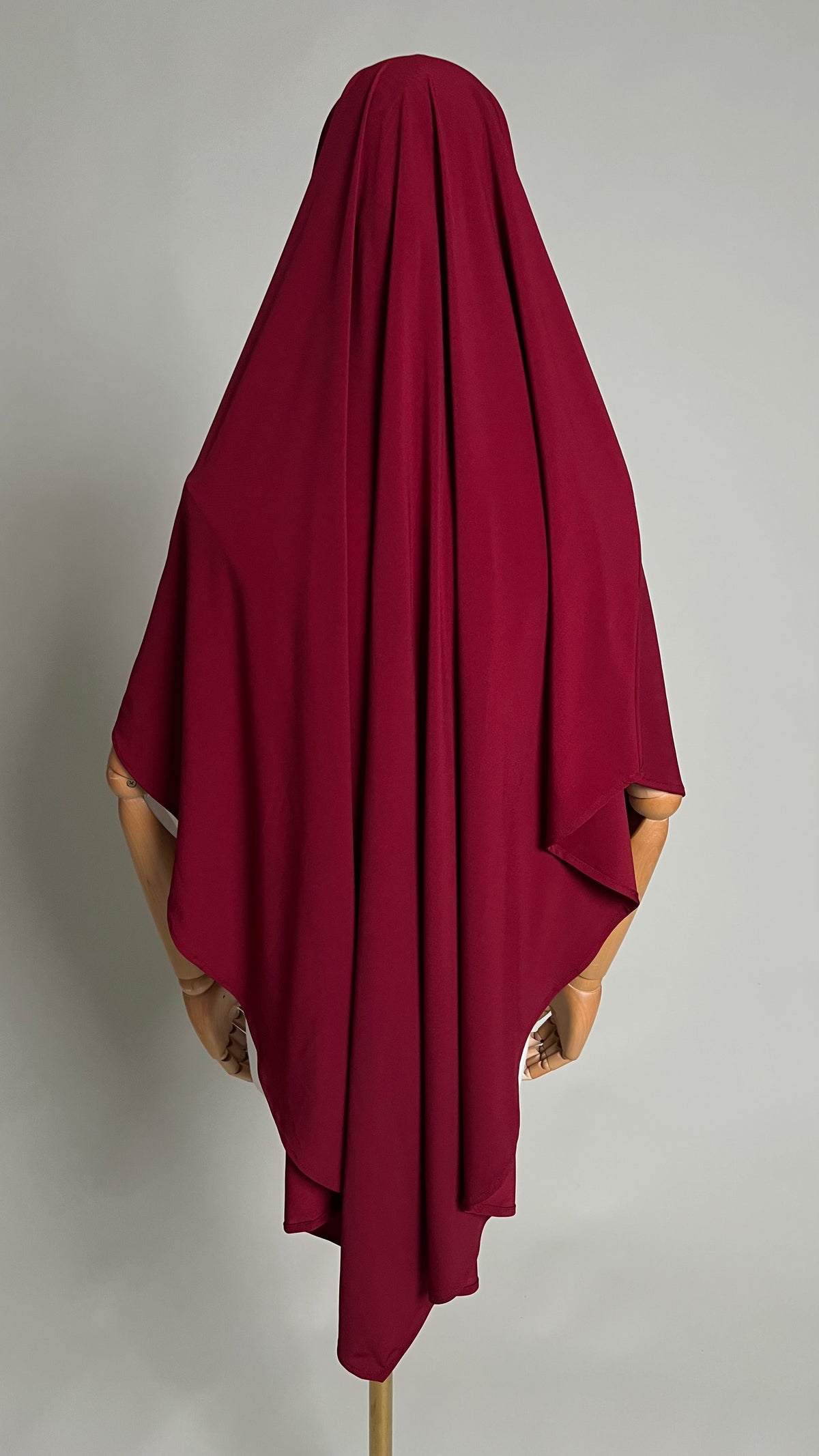 Burgundy Yasmin Jersey Khimar, back view showing the pointed back