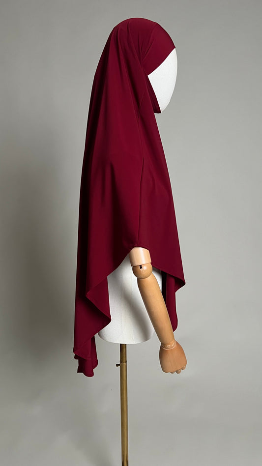 Burgundy Yasmin Jersey Khimar, side profile view showing the length