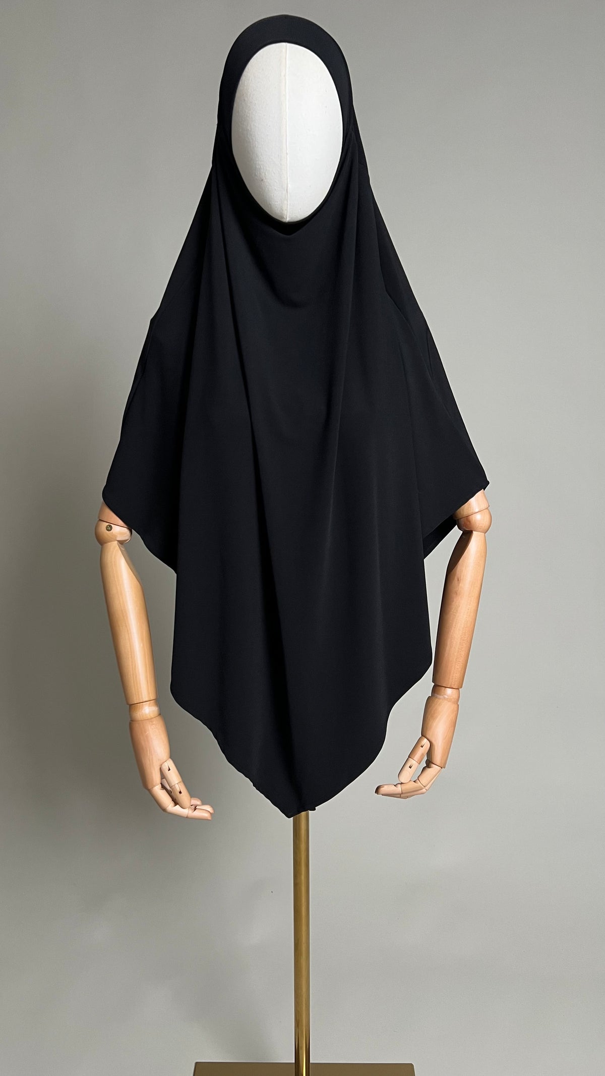 Black Yasmin Jersey Khimar, front view showing the pointed front