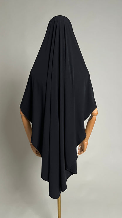 Black Yasmin Jersey Khimar, back view showing the pointed back