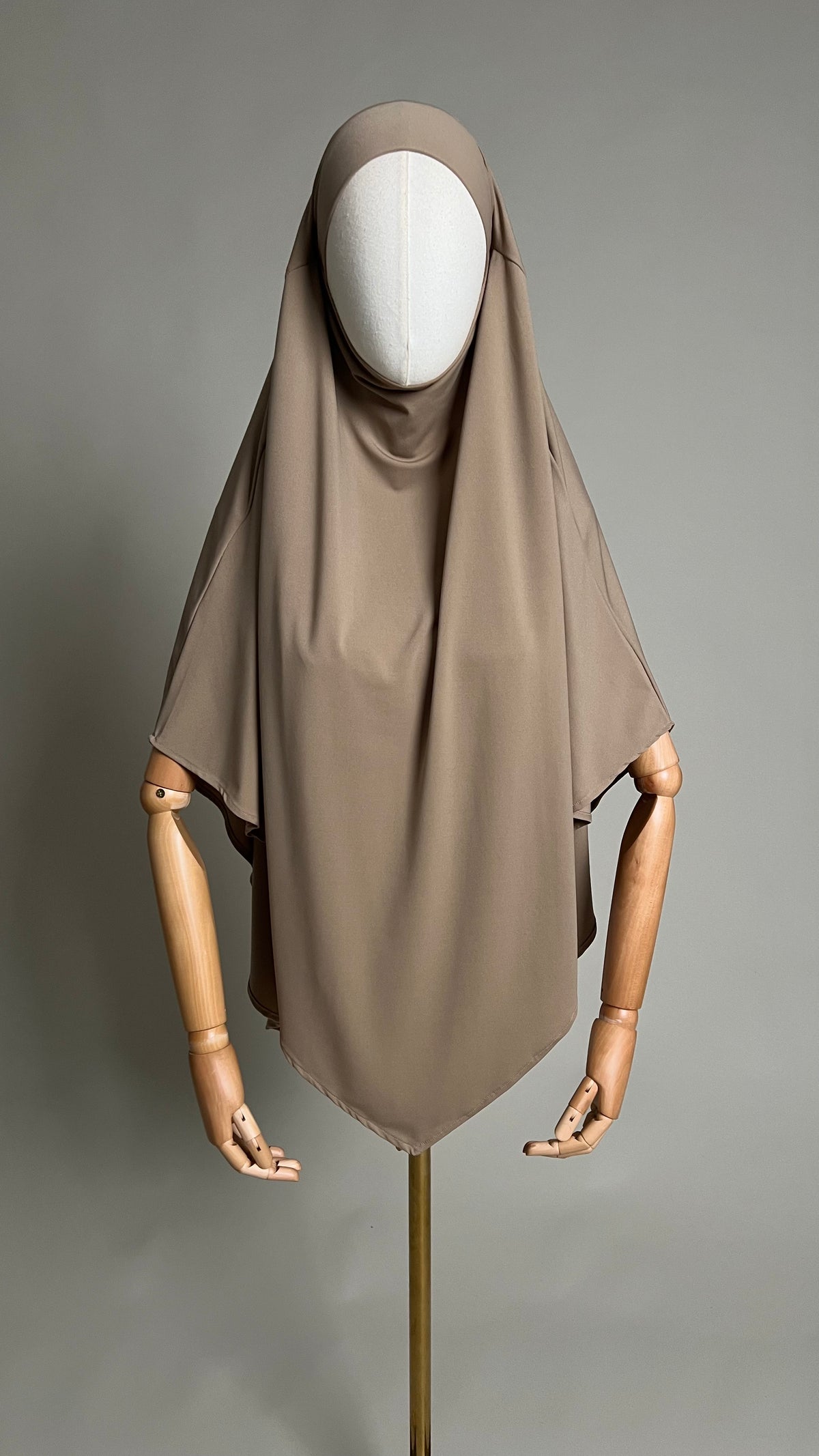 Beige Yasmin Jersey Khimar, front view showing the pointed front