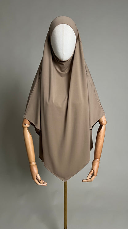 Beige Yasmin Jersey Khimar, front view showing the pointed front