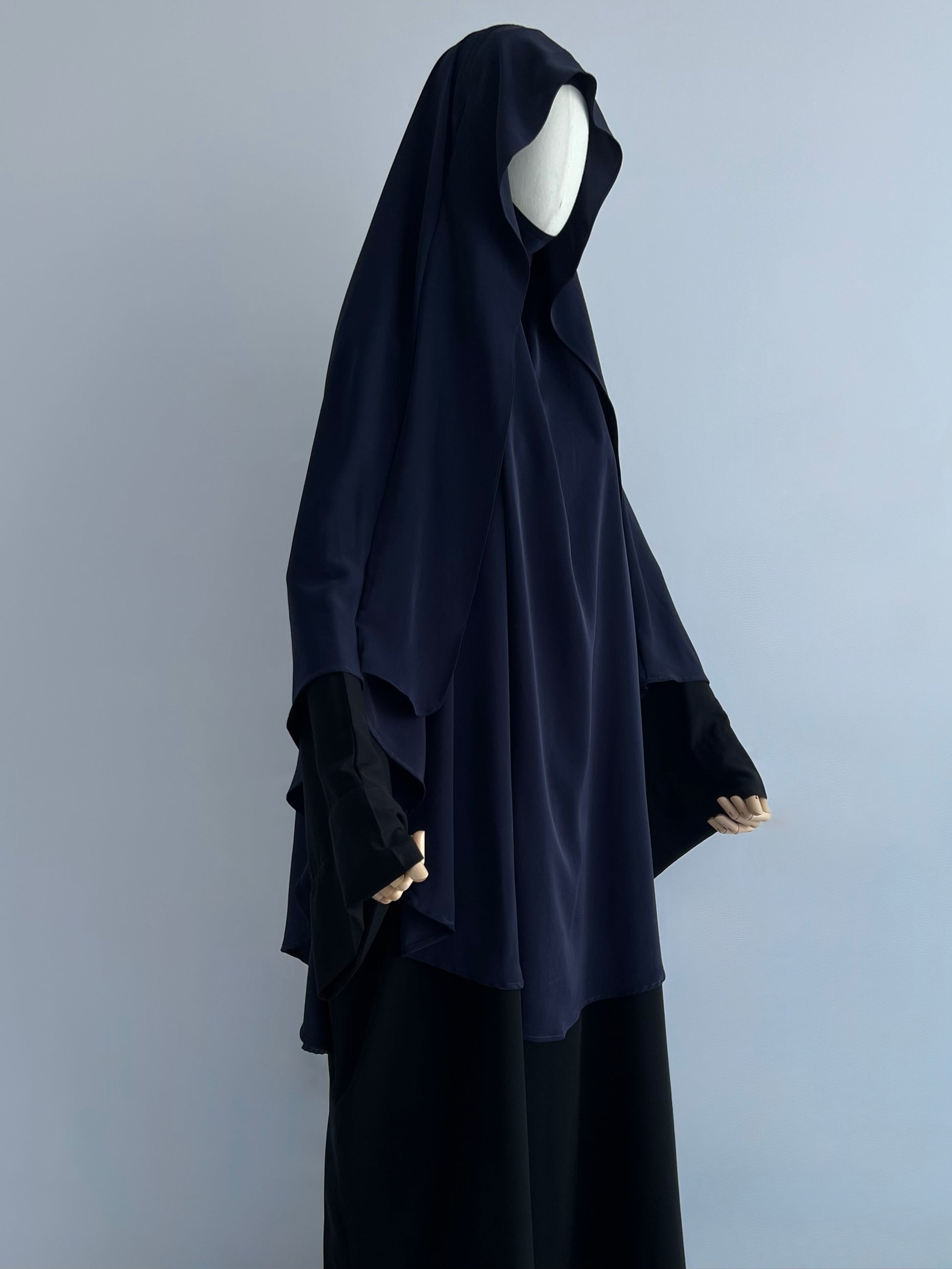 Complete modest outfit: Essential Zip Abaya with Indonesian Style Khimar in navy blue
