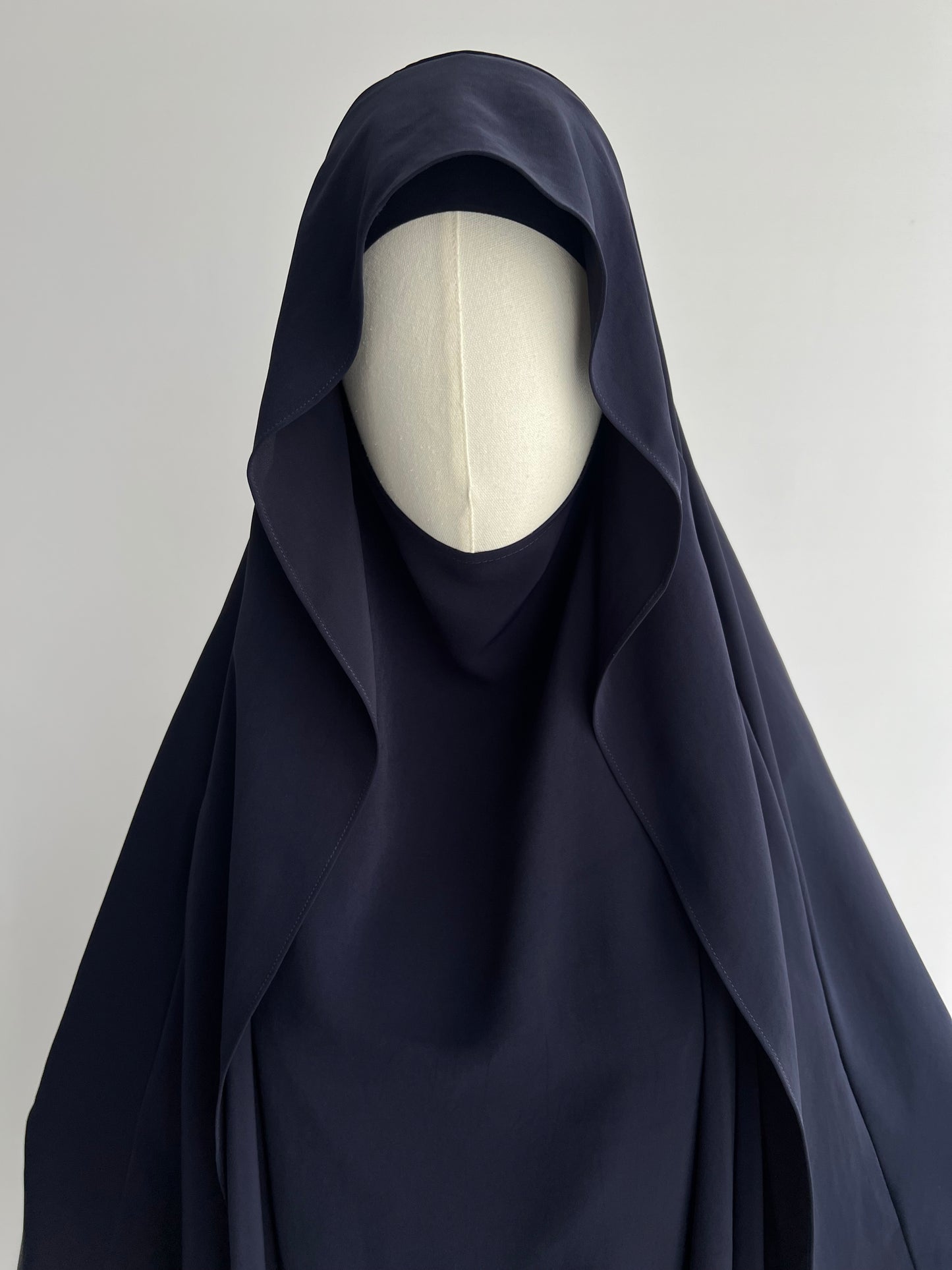 Indonesian Style Khimar in navy blue, half upper front view