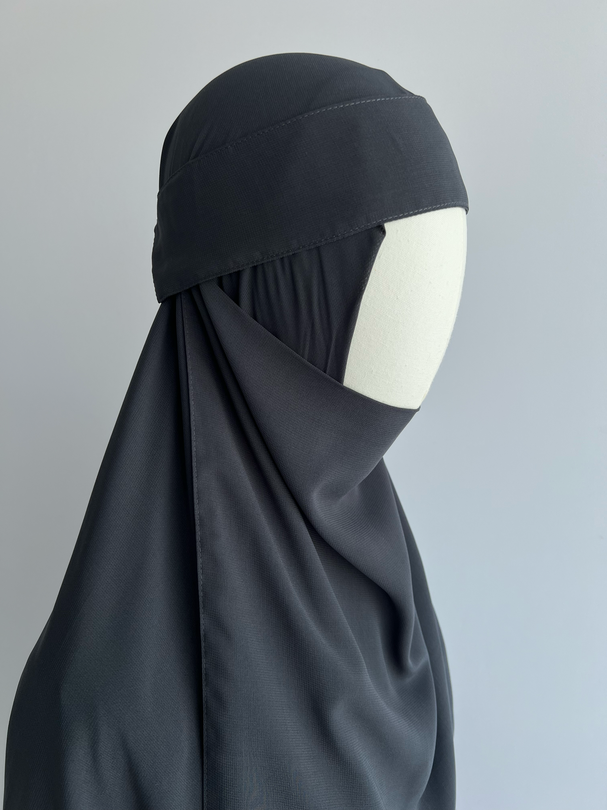 Niqab and Hijab Set in dark grey, side view with niqab lowered to chin showing elastic adjustment