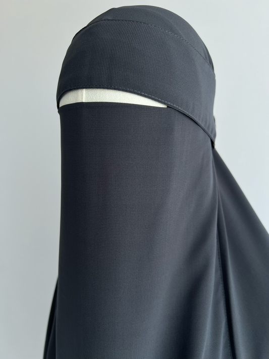 Niqab and Hijab Set in dark grey, front view on mannequin